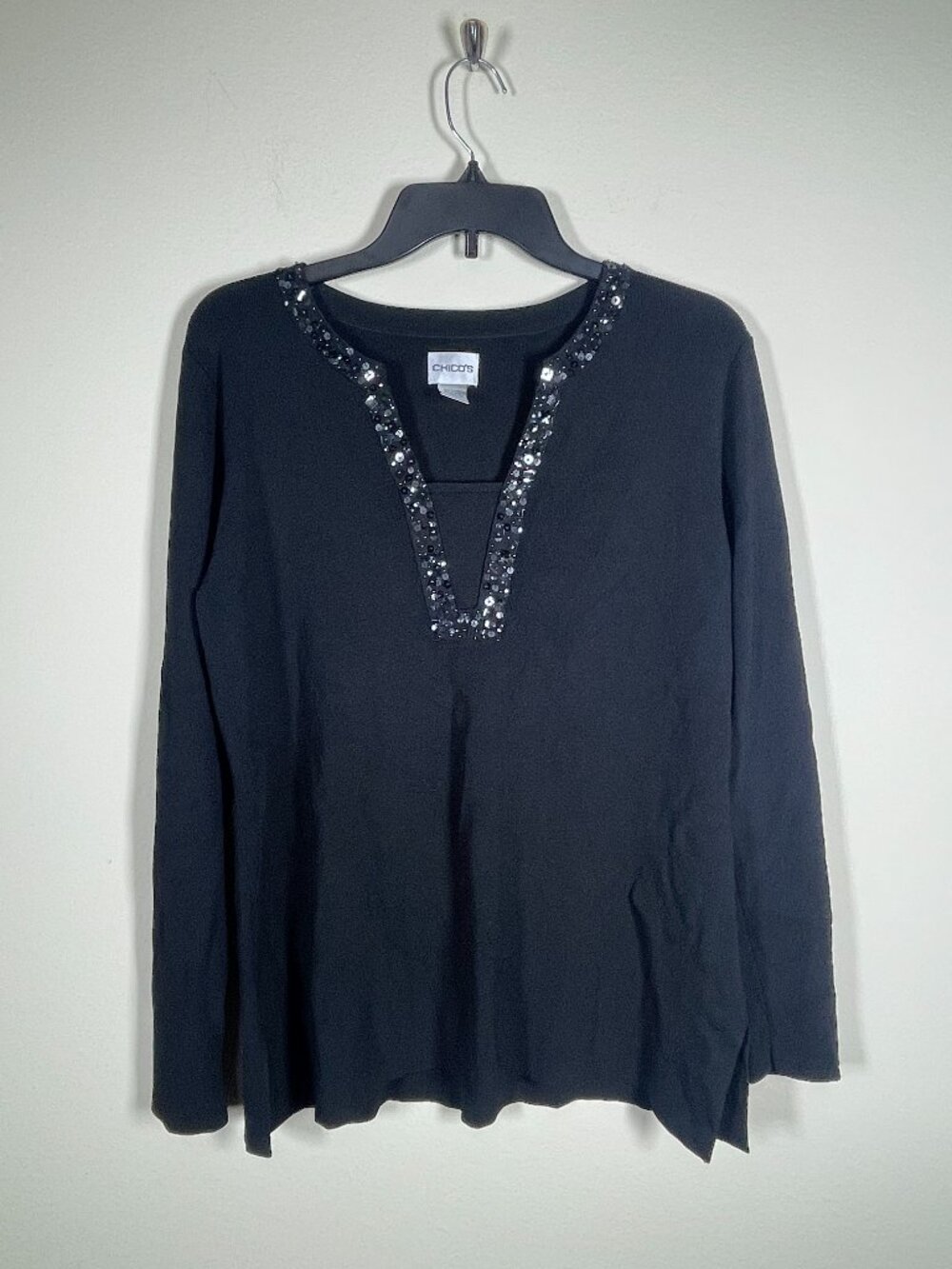 Chico's Women's Black V-Neck Sequin Black Blouse Size: 1 Medium Evening!